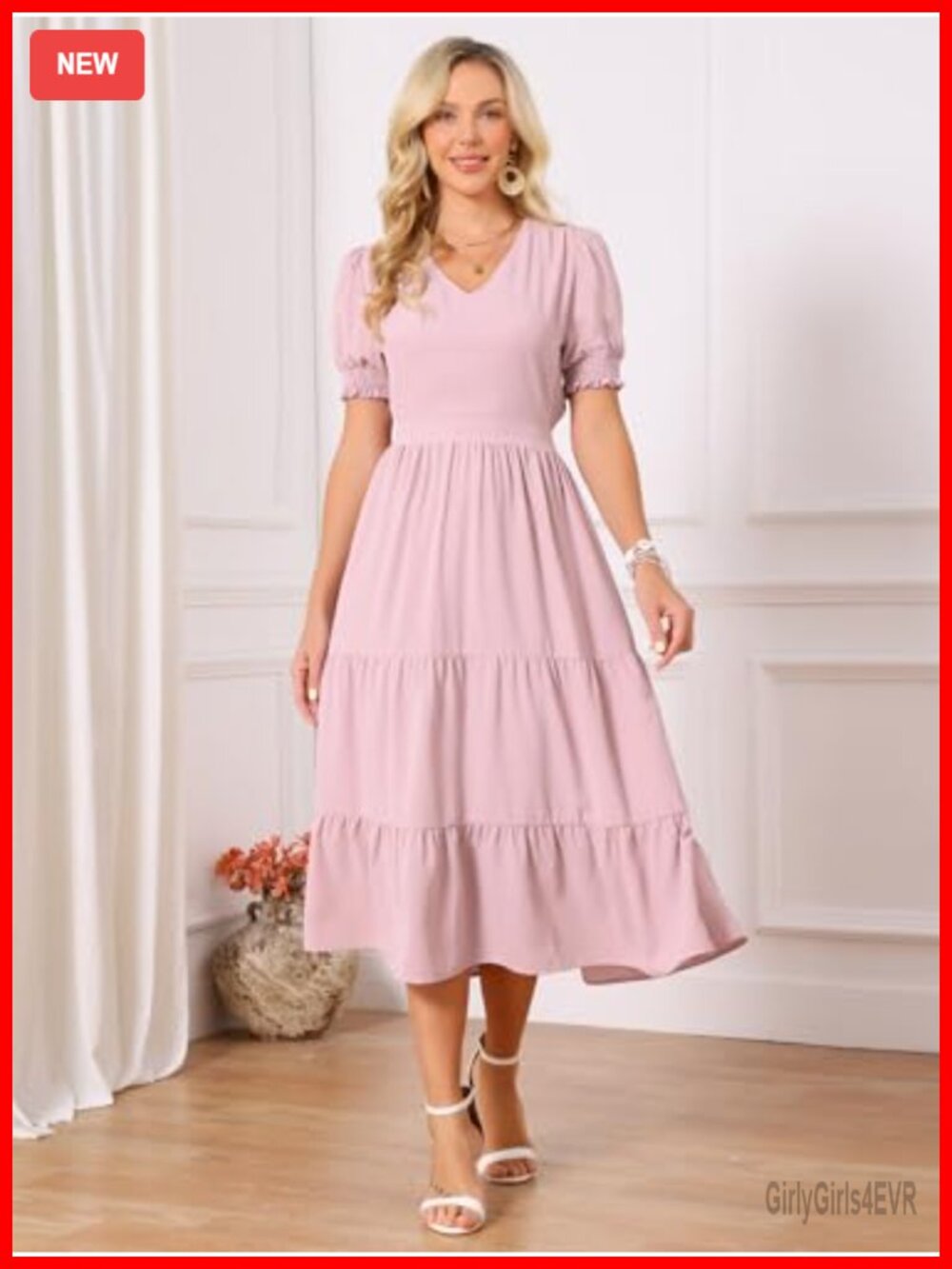 Women's V-Neck Smocked Short Sleeve Tiered Midi Dress with Pockets - Picture 4 of 7